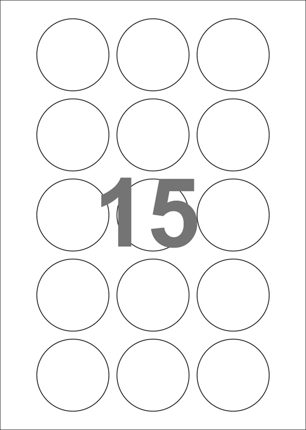 A4-etiketter, 15 Udstansede etiketter/ark, Ø50 mm, hvid mat, 100 ark